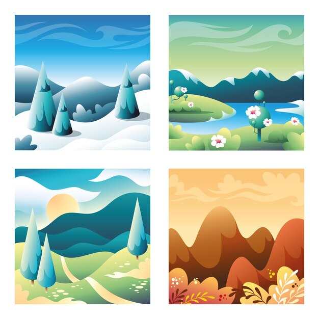 Conjunto de pequeñas ilustraciones cuadradas en estilo material plano. elementos de diseño ui / ux, estaciones del año: invierno, primavera, verano, otoño.