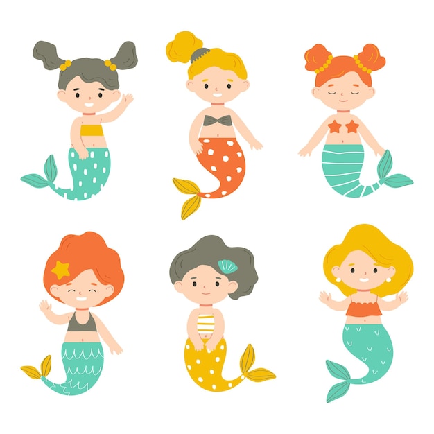 Conjunto de pequeñas sirenas aisladas sobre fondo blanco.Ilustración de vector para niños en estilo plano