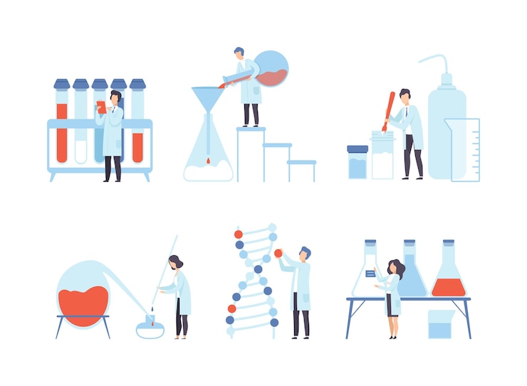 Vector conjunto de pequeños científicos que trabajan trabajando con equipos científicos de laboratorio en ilustración vectorial plana de laboratorio