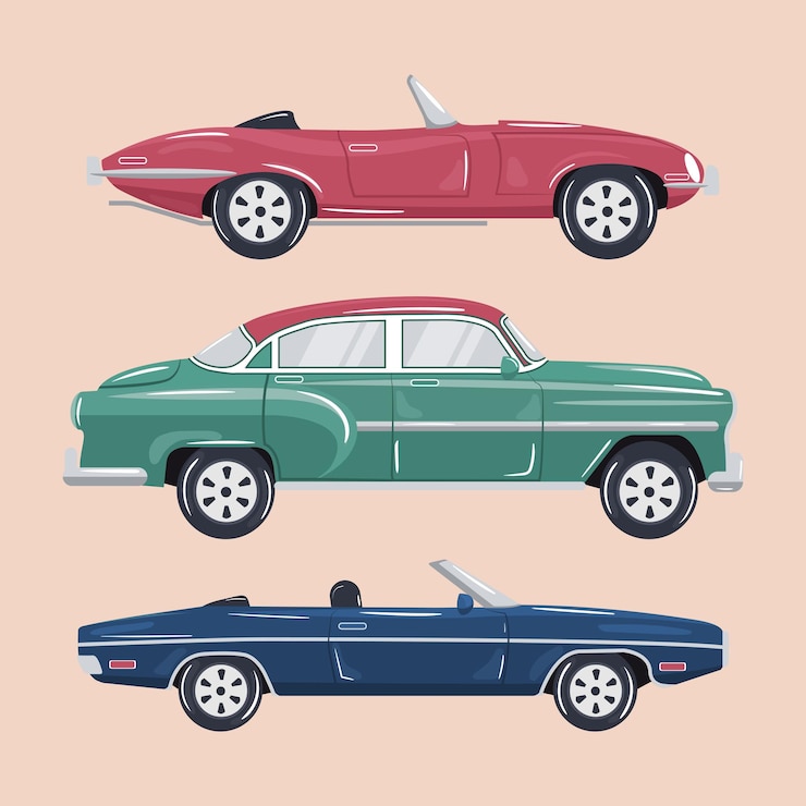 Vector conjunto de pequeños coches de estilo vintage.