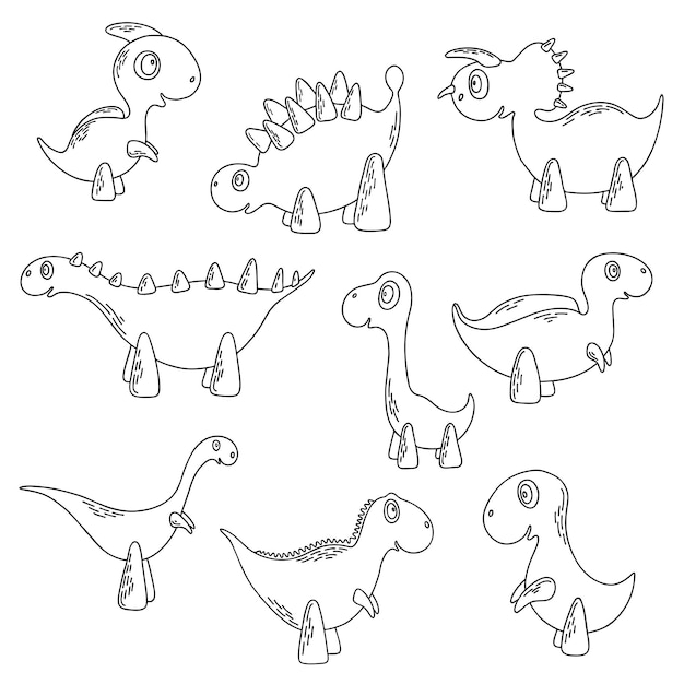 Conjunto de pequeños dinosaurios lindos. Divertidos personajes de dibujos animados dino para colorear página
