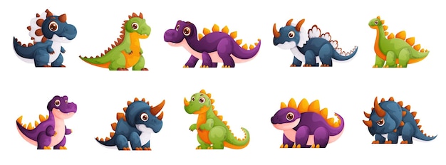 Conjunto de pequeños dinosaurios en verde azul y púrpura antiguos habitantes de la tierra dinosaurios lindos de diferentes tipos ilustración vectorial de estilo dibujos animados