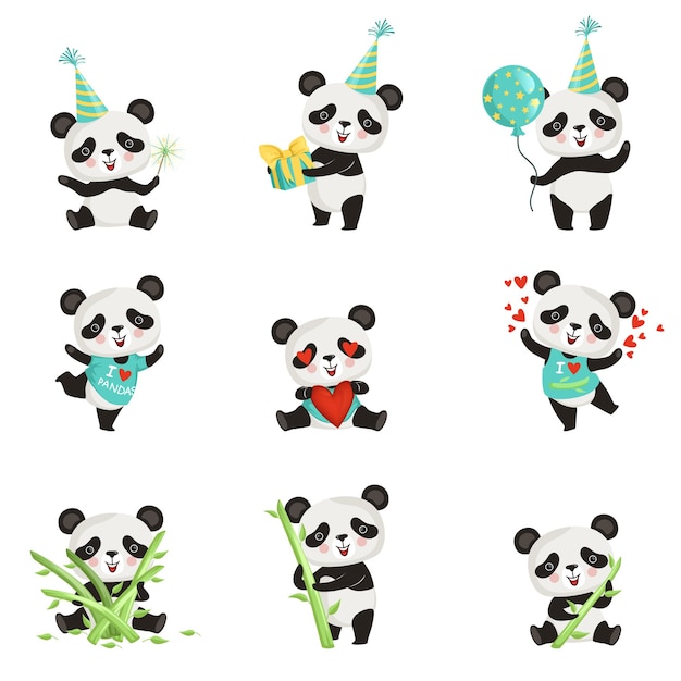 Conjunto de pequeños pandas divertidos en varias situaciones Personaje de dibujos animados de un lindo oso de bambú Diseño gráfico para niños Impresión de pegatinas o postales de cumpleaños Íconos vectoriales planos aislados sobre fondo blanco