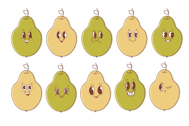 Conjunto de peras al estilo kawaii con ojos happy cute cartoon pear emoticon set ilustración vectorial de comida vegetariana saludable