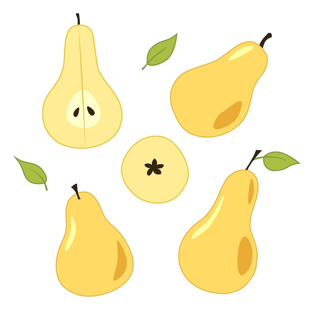 Vector un conjunto de peras amarillas enteras y en la sección objetos aislados de colores en una caricatura blanca