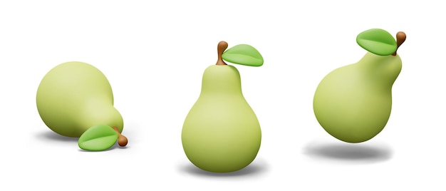 Conjunto de peras verdes 3D en diferentes posiciones Frutas enteras maduras Postre jugoso natural