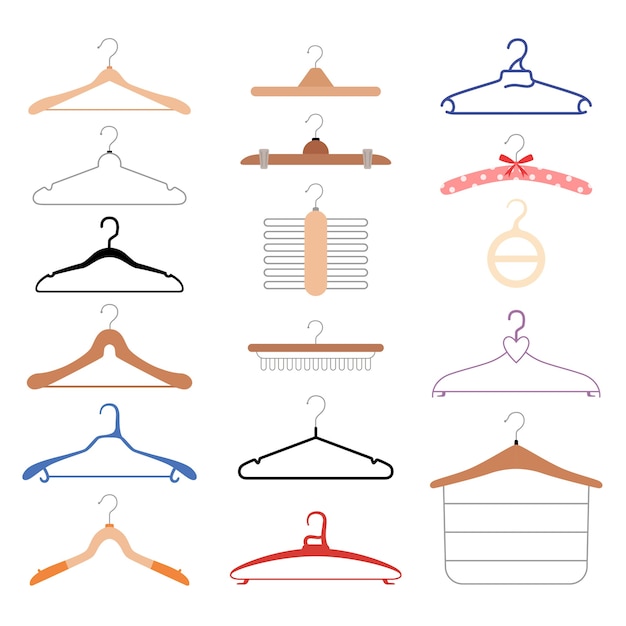 Vector conjunto de perchas de ropa diferentes. soportes de madera y plástico para diferentes tipos de ropa. plano . aislado en un fondo blanco.
