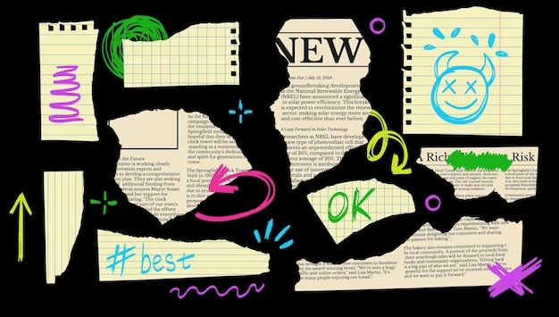 Conjunto de periódicos de papel rasgado y notas en estilo collage de moda Graffiti elementos de neón para scrapbooking