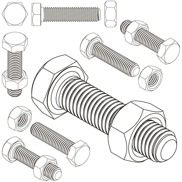 Conjunto de pernos y tuercas, todas las vistas isométricas