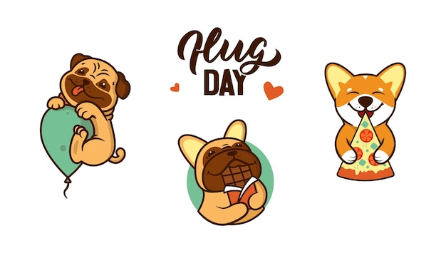 El conjunto de perros de dibujos animados abrazando la comida es bueno para el día del abrazo, pegatinas. el logo del cachorro es amor pizza, globo, chocolate es bueno para diseños navideños. los animales en una ilustración vectorial