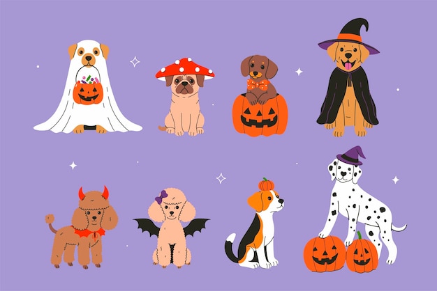 Conjunto de perros de diferentes razas en trajes de Halloween Gráficos vectoriales