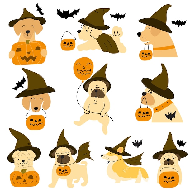 Conjunto de perros con disfraces de Halloween Ilustración vectorial sobre fondo blanco