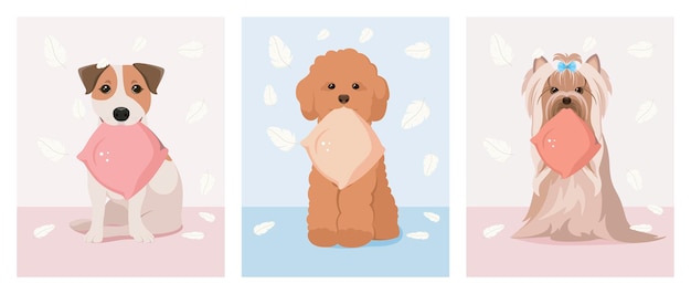 Vector un conjunto de perros divertidos con almohadas estilo de dibujos animados