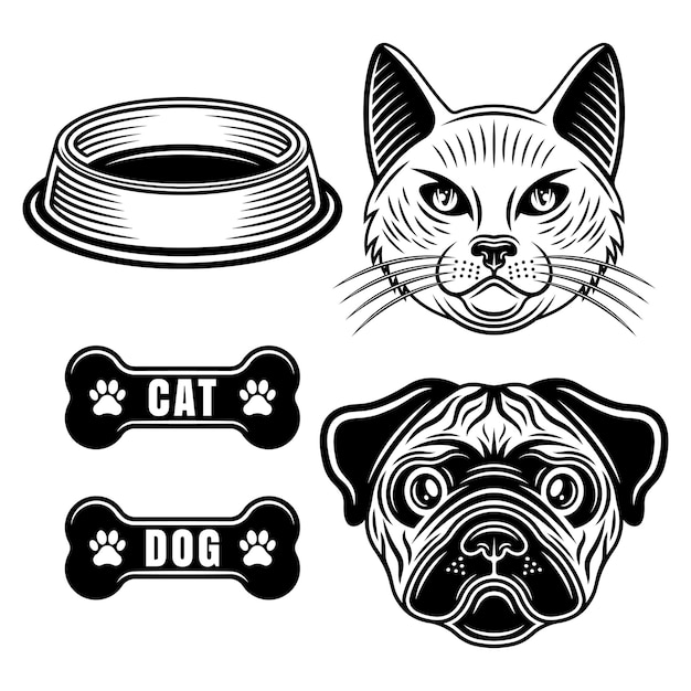 Vector conjunto de perros y gatos de mascotas objetos vectoriales o elementos de diseño en estilo monocromático vintage aislado sobre fondo blanco