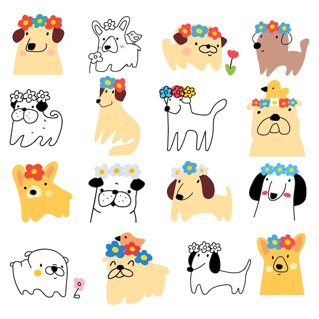 Conjunto de perros graciosos con flores en la cabeza Iconos planos y de contorno Ilustraciones dibujadas a mano en w