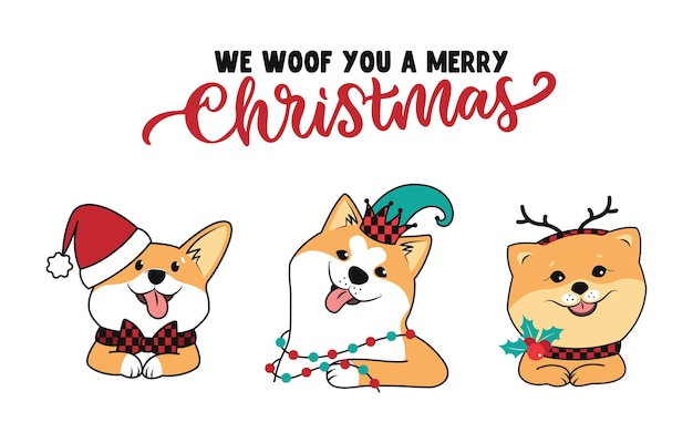 El conjunto de perros de invierno y cita Feliz Navidad El corgi akita y Spitz para diseños navideños.