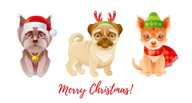 Conjunto de perros lindos feliz navidad. iconos de cachorro de dibujos animados. moda divertida pug, chihuahua, yorkshire terrier