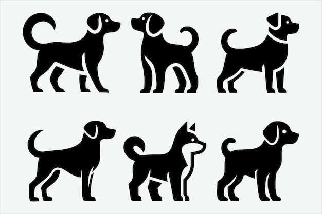 Conjunto de perros silueta elegantes mascotas caninas en arte vectorial plano