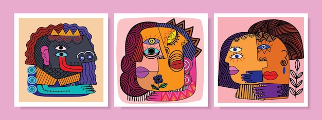 Conjunto de persona de retrato de cara decorativa abstracta como una ilustración de vector de arte de pared de cubismo