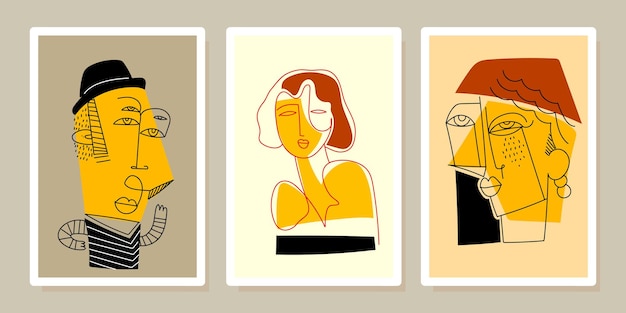 Conjunto de persona de retrato de cara decorativa abstracta como una ilustración de vector de arte de pared de cubismo