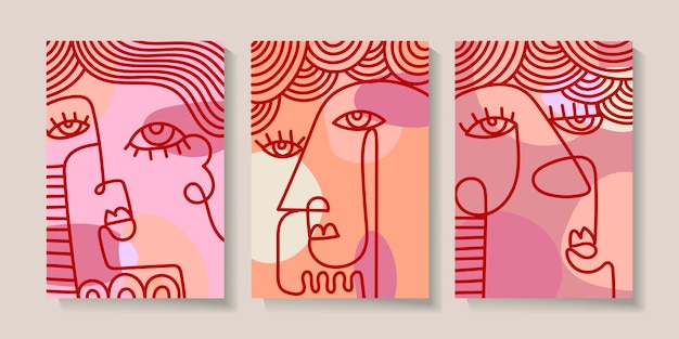 Conjunto de persona de retrato de cara decorativa abstracta como una ilustración de vector de arte de pared de cubismo