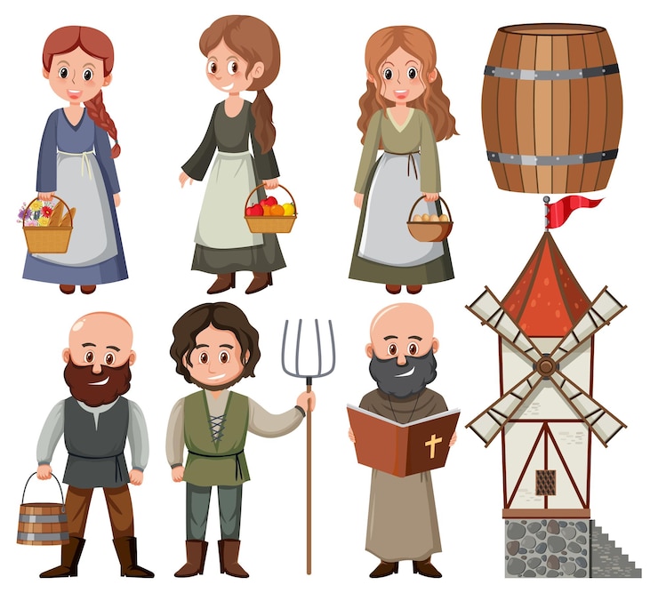Vector conjunto de personaje de dibujos animados de aldeano medieval