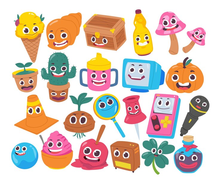 Vector conjunto de personaje de dibujos animados cómico sonriente lindo. feliz día mundial de la sonrisa con objetos hipster o pop art.