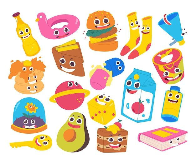Conjunto de personaje de dibujos animados cómico sonriente lindo. Feliz día mundial de la sonrisa con objetos hipster o pop art.