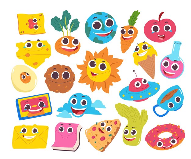 Conjunto de personaje de dibujos animados cómico sonriente lindo. Feliz día mundial de la sonrisa con objetos hipster o pop art.