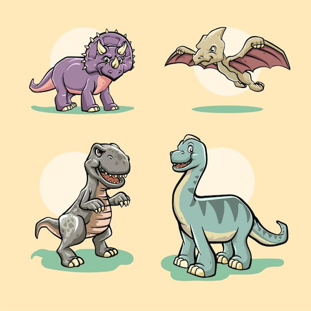 Conjunto de personaje de dibujos animados de dinosaurios varios aislados