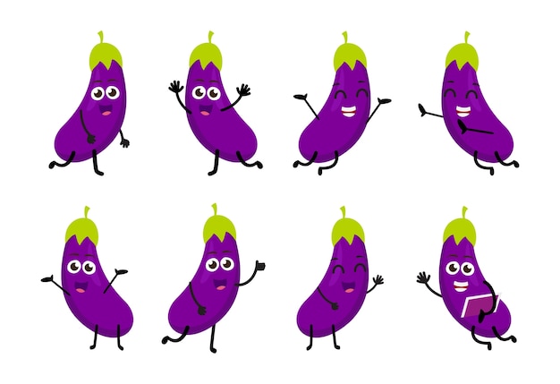 conjunto de personaje de dibujos animados divertido berenjena