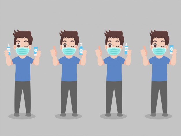 Conjunto de personaje de dibujos animados hombre usar máscara facial mostrar y limpiar sus manos con gel de alcohol para prevenir virus
