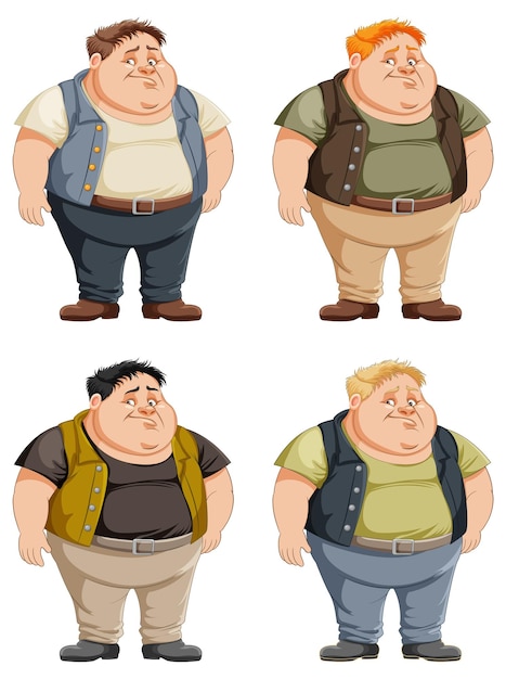 Conjunto de personaje de dibujos animados macho gordo molesto en traje diferente
