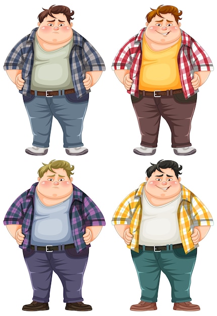 Conjunto de personaje de dibujos animados masculino con sobrepeso