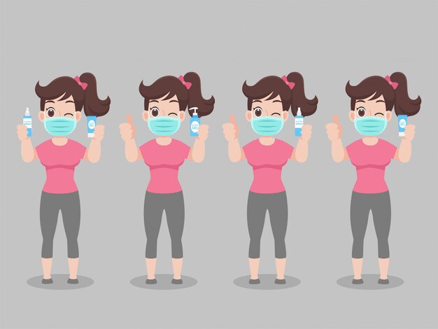 Conjunto de personaje de dibujos animados Mujer usar máscara facial mostrar y limpiar sus manos con gel de alcohol