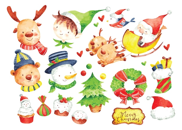 Conjunto de personaje de dibujos animados de Navidad en color de agua