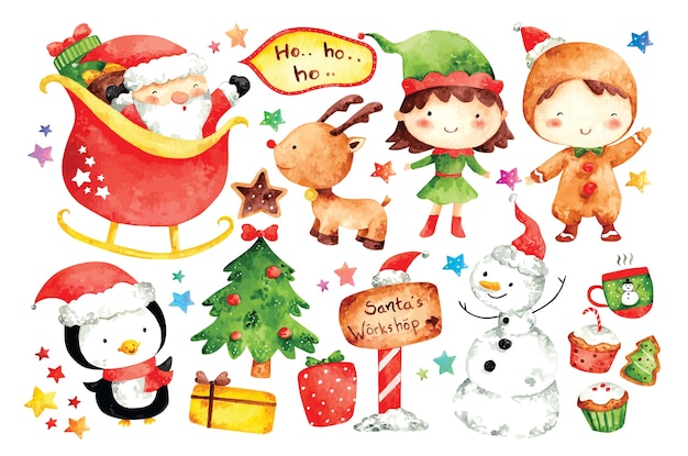 Conjunto de personaje de dibujos animados de Navidad en la ilustración de color de agua