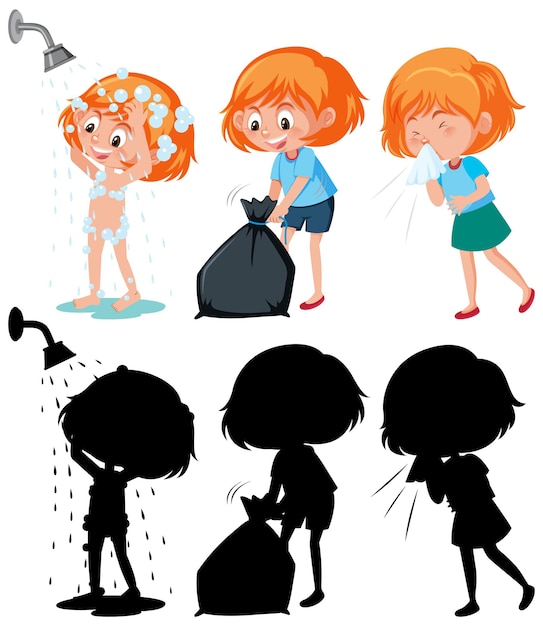 Conjunto de un personaje de dibujos animados de niña en diferentes posiciones con su silueta