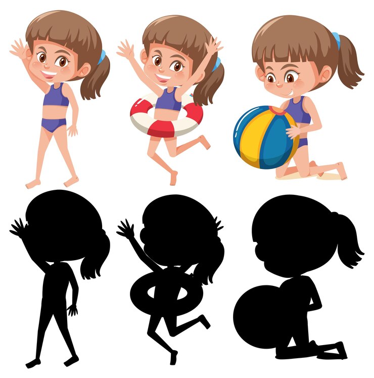 Conjunto de un personaje de dibujos animados de niña en diferentes posiciones con su silueta