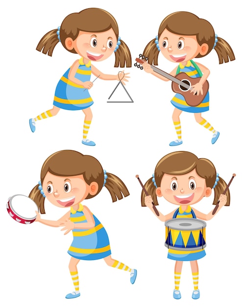 Conjunto de personaje de dibujos animados de niña con instrumento musical