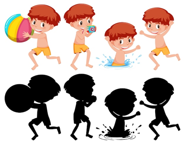 Conjunto de un personaje de dibujos animados de niño en diferentes posiciones con su silueta