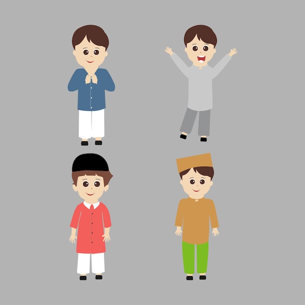 Conjunto de personaje de dibujos animados de niño musulmán para ramadán Lindo niño musulmán de dibujos animados Conjunto de niños musulmanes