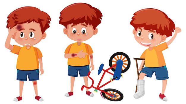 Vector conjunto de un personaje de dibujos animados de niño realizando diferentes actividades.