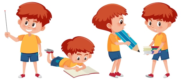 Vector conjunto de un personaje de dibujos animados de niño realizando diferentes actividades.