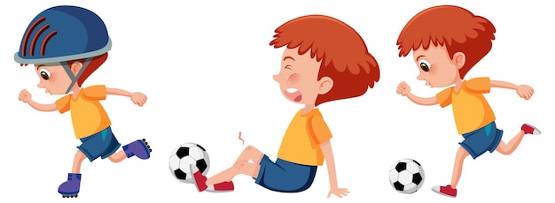 Conjunto de un personaje de dibujos animados de niño realizando diferentes actividades.