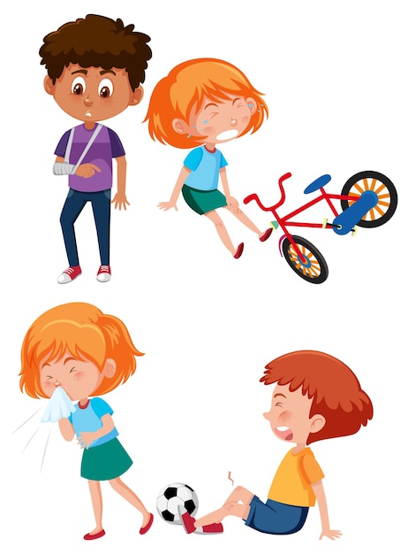 Conjunto de personaje de dibujos animados de niños en dolor