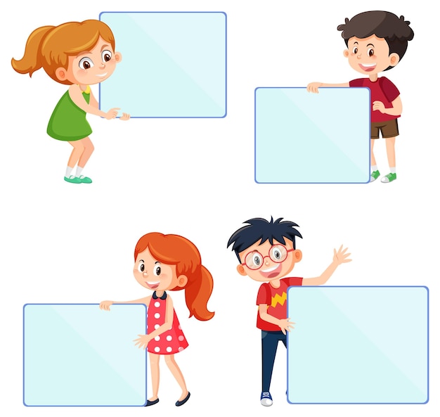 Vector conjunto de personaje de dibujos animados para niños con tablero vacío