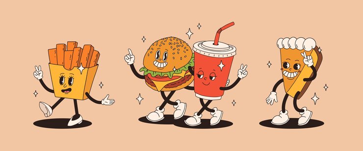 Vector conjunto de personaje de dibujos animados retro groovy de comida rápida mascota vintage de hamburguesa pizza hot dog helado papas fritas café para llevar donut y refresco con sonrisa feliz ilustración de comida callejera funky