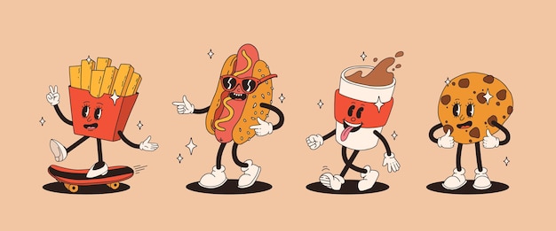 Conjunto de personaje de dibujos animados retro groovy de comida rápida Mascota vintage de hamburguesa pizza hot dog helado papas fritas café para llevar donut y refresco con sonrisa feliz Ilustración de comida callejera funky