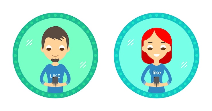 Vector conjunto de personaje de estilo two hipster tomar un selfie en el espejo con smartphone. ilustración de diseño plano de vector en el círculo aislado sobre fondo. hombre y mujer.